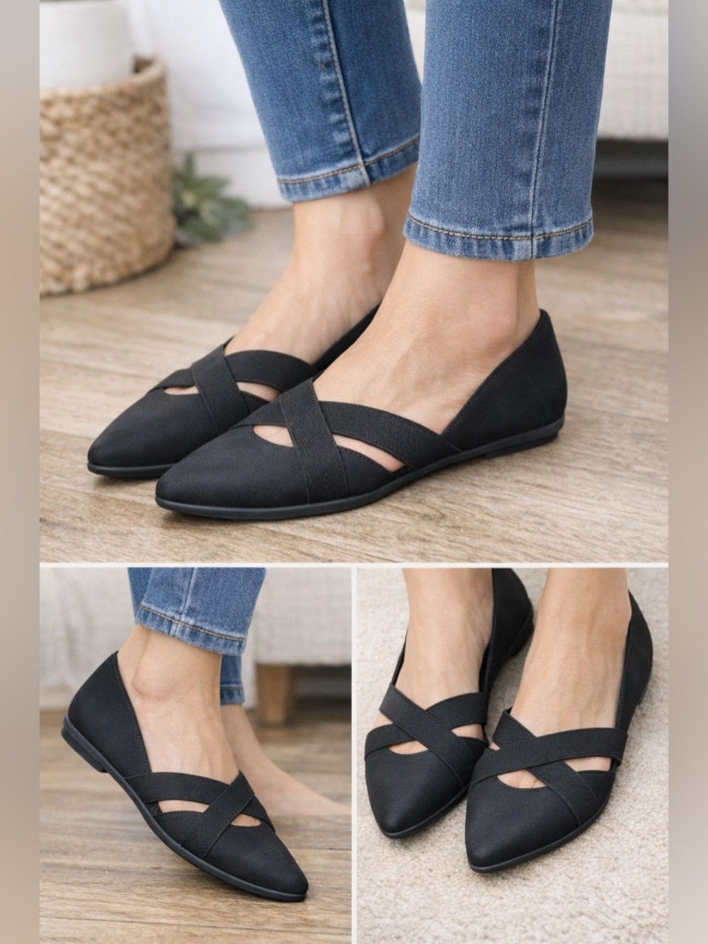 Bandolino Black Pointed Toe Crisscross Flats